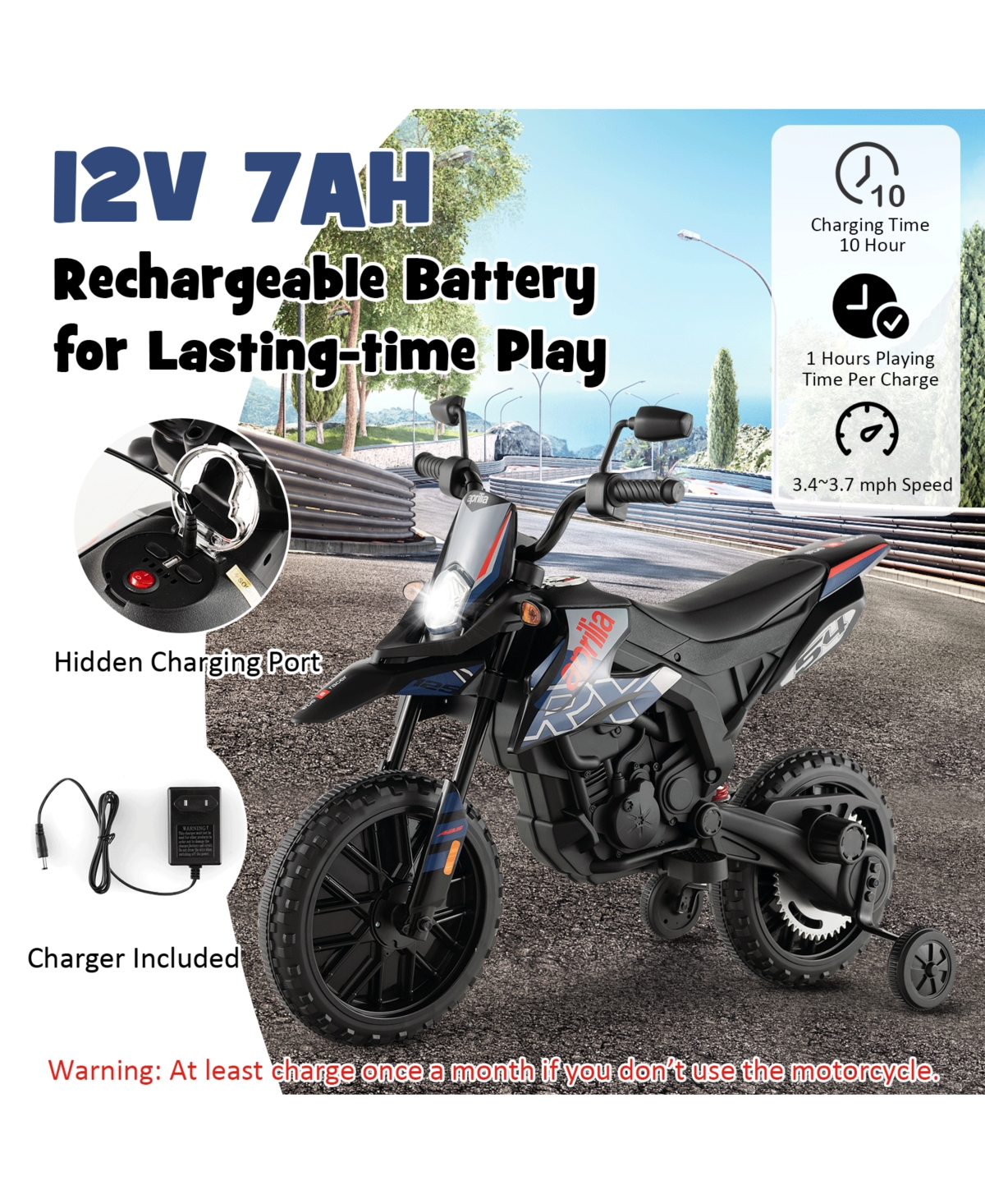 Sugift Aprilia Licensed Kids Ride On Motorcycle with 2 Training Wheels