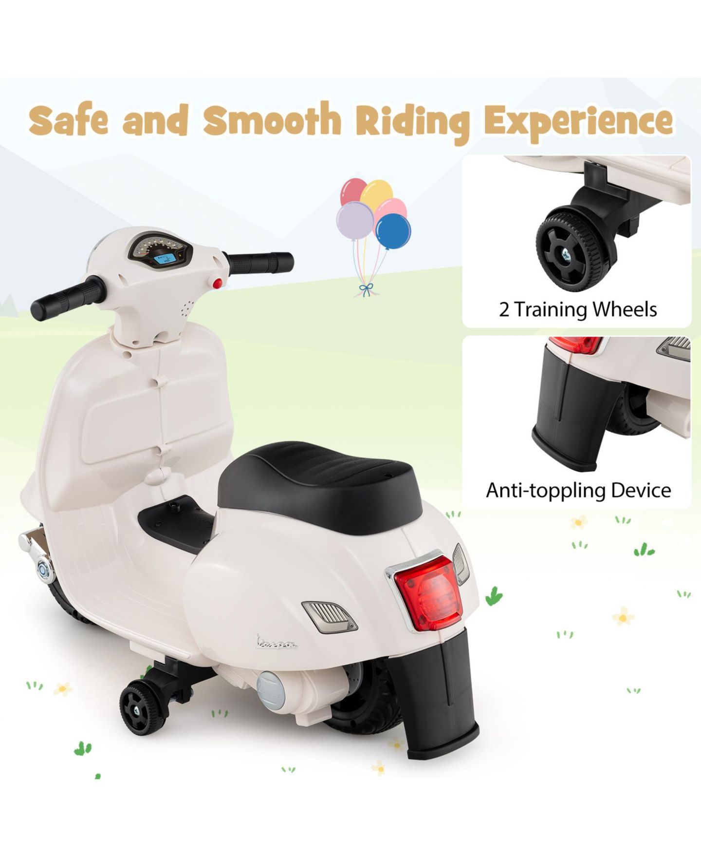 Детская игрушка SUGIFT Licensed Vespa 6V Rechargeable Battery Ride-On Motorcycle with Training Wheels, Ages 18-36 Months, цвет: Белый — фото 8