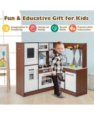 SUGIFT Wooden Corner Play Kitchen with Water Circulation System and Lights