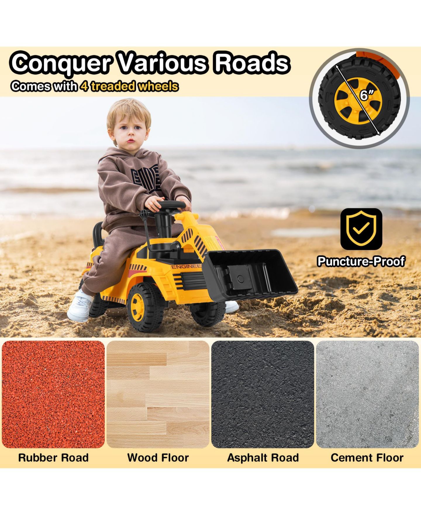 Детская игрушка SUGIFT Ride-On Bulldozer Excavator, 36"L x 12"W x 16.5"H, With Storage & Steering Wheel, Ages 3+, цвет: Жёлтый — фото 7