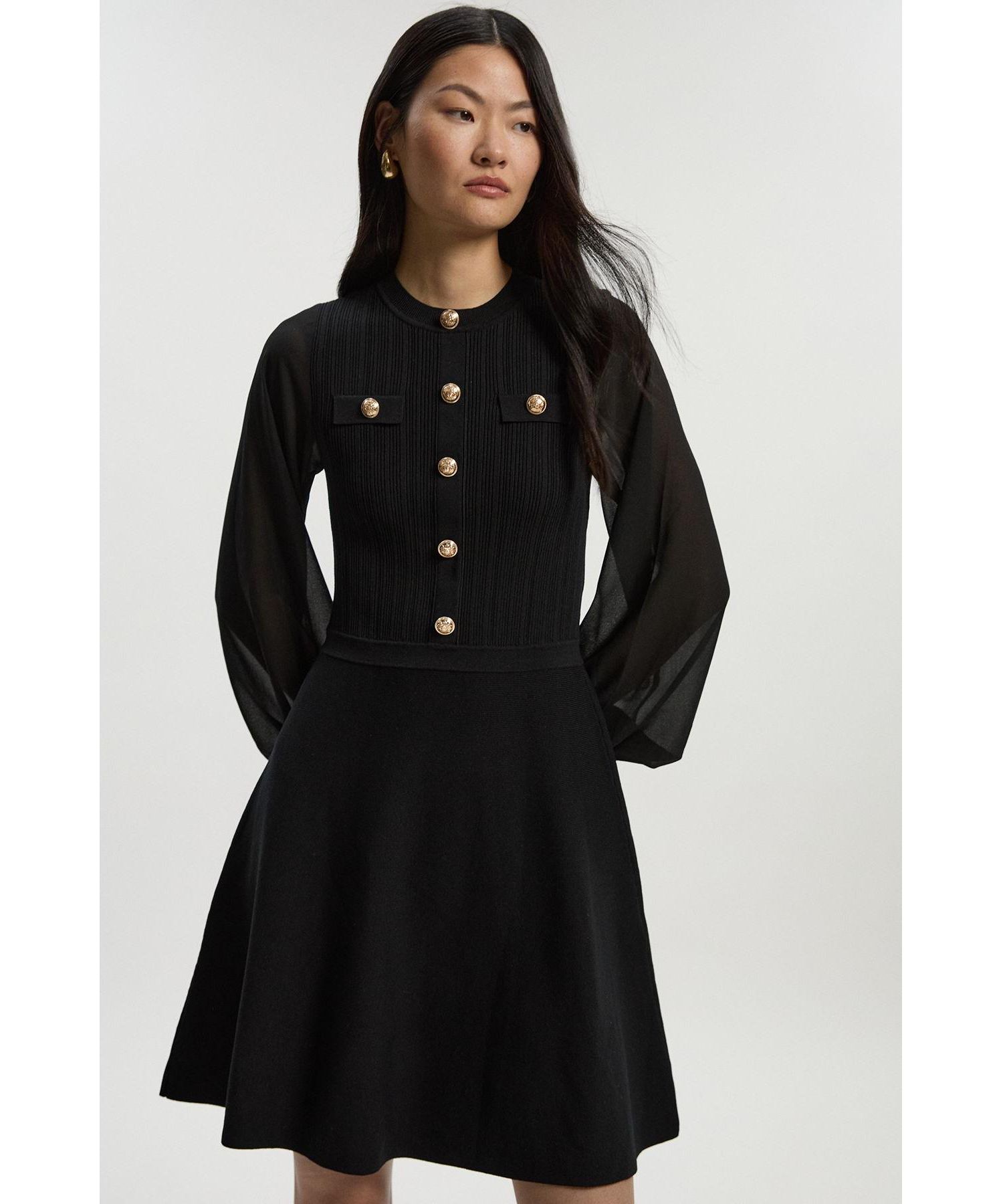 Women's Chiffon Sleeve Military Mini Knit Dress