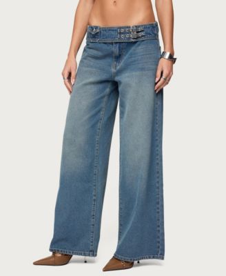 Women's Double Buckle Low Rise Baggy Jeans