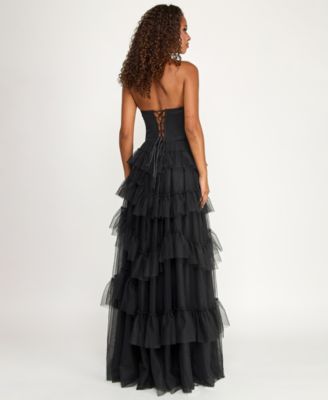 Juniors' Strapless Ruffle Skirt Gown