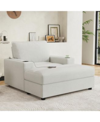 Oversized Corduroy Chaise Lounge with Storage Ottoman, Cup Holders & USB
