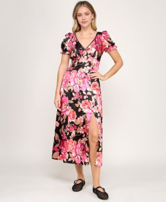Juniors' Printed V-Neck Satin Puff Sleeve Midi Dress