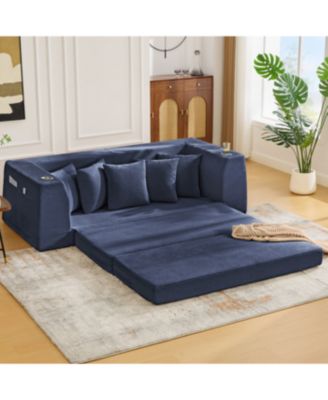 Streamdale Blue Corduroy Convertible Sofa Bed with 5 Pillows, No Assembly