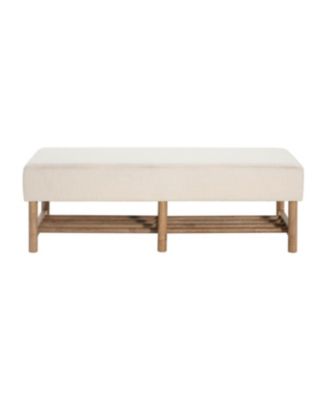 Rectangular Upholstered Linen Fabric Ottoman Bench, Solid Wood Legs, Beige