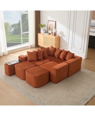 U Shaped Sofa, USB/Wireless Charge, Coffee Table, Movable, 6 Seats, Corduroy, Orange