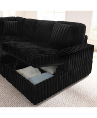 Streamdale Black U-shaped Corduroy Sofa with Pull-out Bed & Storage Chaise
