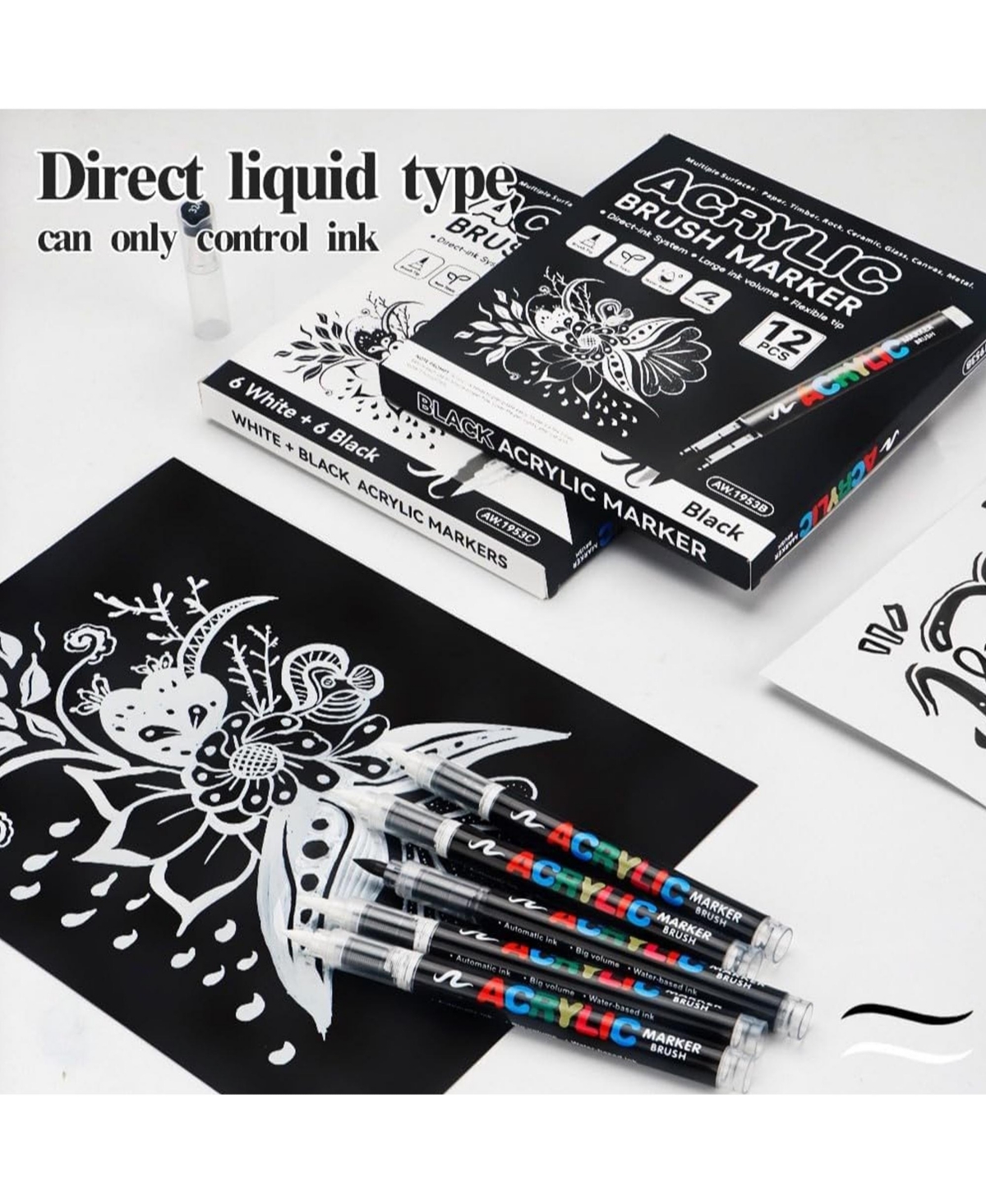 Htutwoo 12Pcs White Acrylic Paint Pens, Soft Brush Tip Markers for Wood, Metal, Rock, Plastic, Glass, Canvas and Fabric