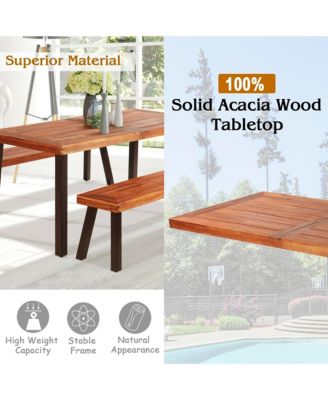 3 Pieces Picnic Table Set Acacia Wood Table Bench with Steel Legs Outdoor Patio