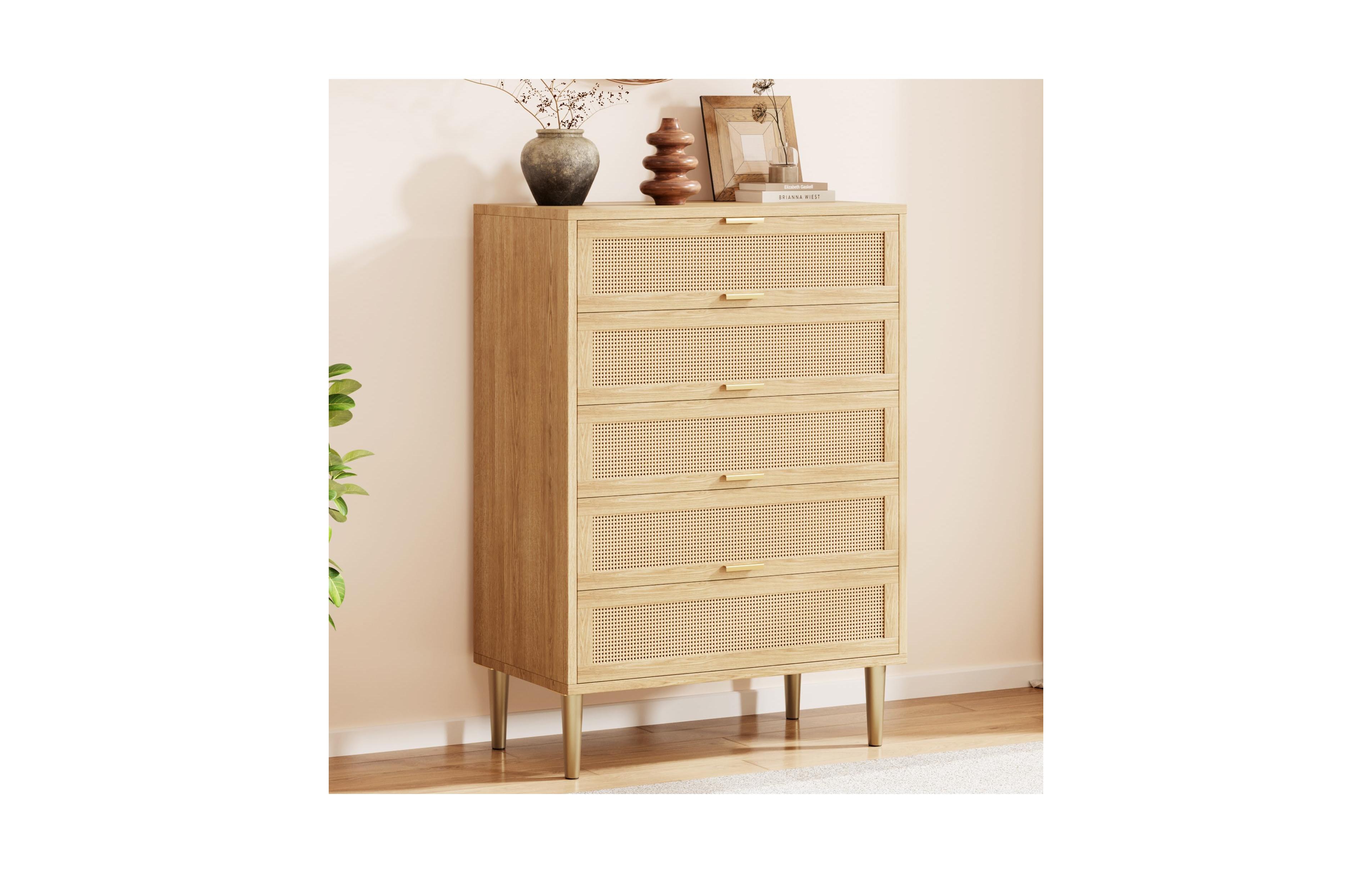 Gaomon Rattan 5 Drawer Dresser, 44'' Tall Narrow Chest, Farmhouse Wood Dresser with Metal Legs, Bedroom Cabinet