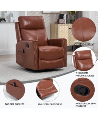 Genuine Leather Heat Massage Manual Recliner Chair with Rocker and Swivel
