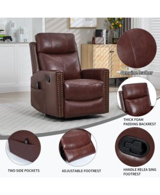 Genuine Leather Heat Massage Manual Recliner Chair with Rocker and Swivel