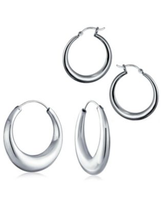 Set of 2 Hollow Puff Tube Round 1.75" Hinged Notched Post & 1" Endless Hoop Earrings Sterling Silver