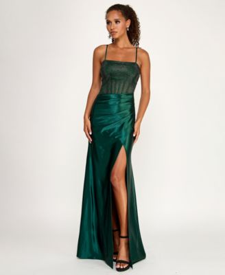 Juniors' Square Neck Side Slit Gown