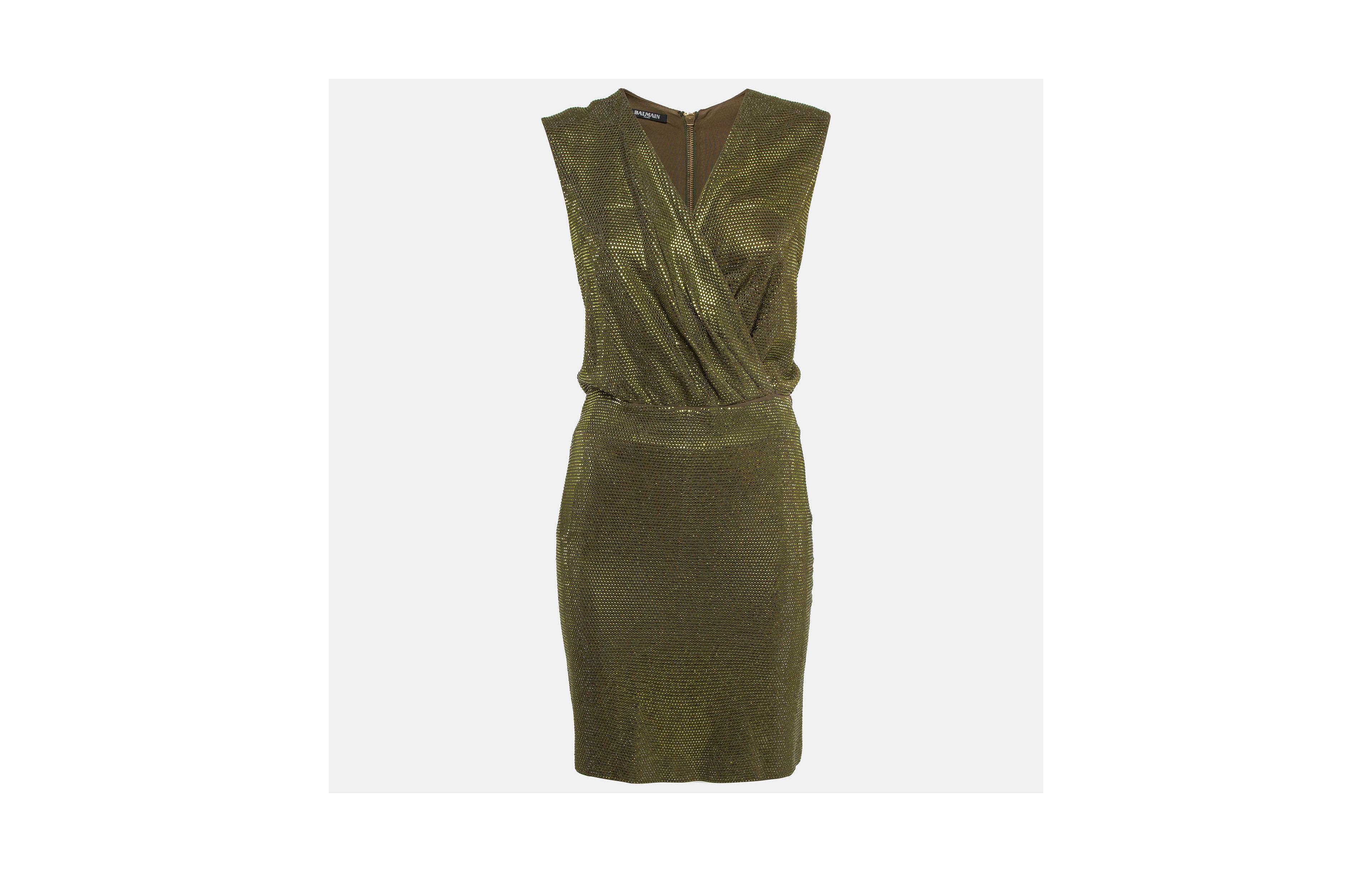 Pre-Owned Balmain Women's Green Embellished Jersey V-Neck Sleeveless Dress
