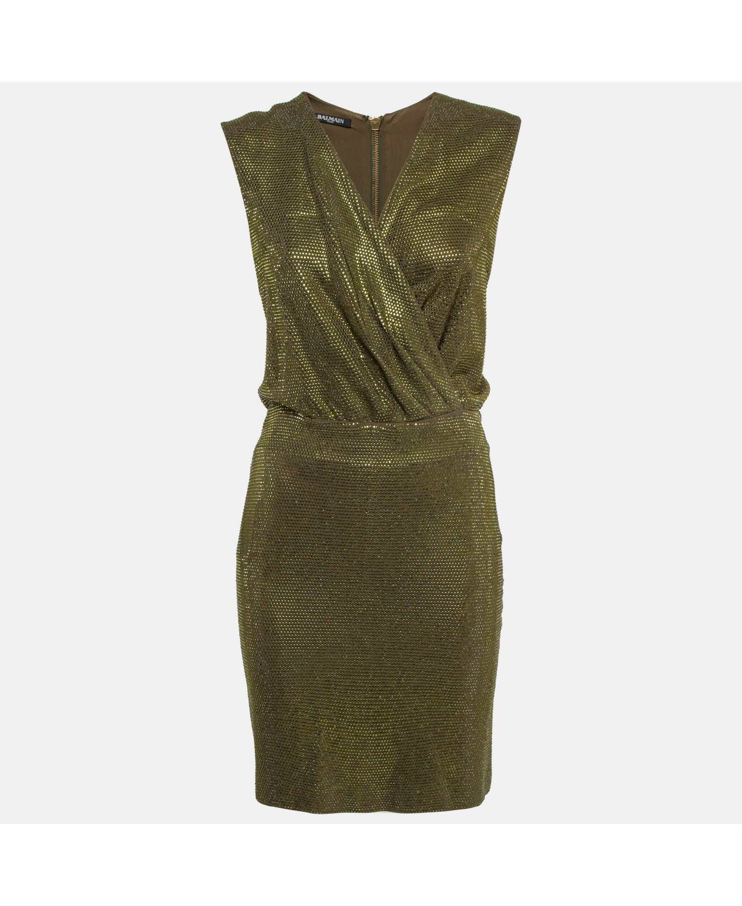 Women's Green Embellished Jersey V-Neck Sleeveless Dress