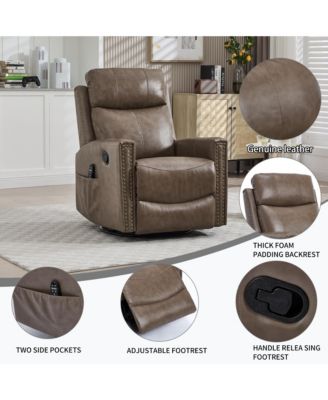 Genuine Leather Heat Massage Manual Recliner Chair with Rocker and Swivel