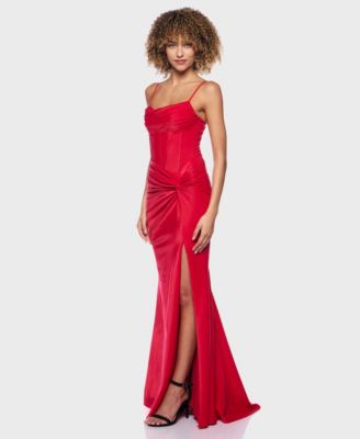 Juniors' Spaghetti Straps Lace-Up Back Long Gown