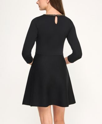 Juniors' 3/4-Sleeve Chain Neck Fit & Flare Sweater Dress
