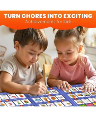 Magnetic Chore Chart for Kids with 72 Routine Magnets & Star Rewards - Foldable Visual Daily Responsibility Schedule