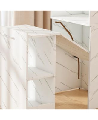 Streamdale Stretchable desk with storage shelves and wheels, foldable, white marble