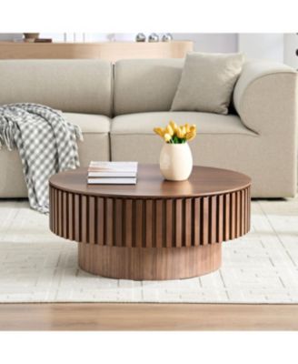 Streamdale 31.49" Round Coffee Table with Storage, Modern Walnut Pedestal Table