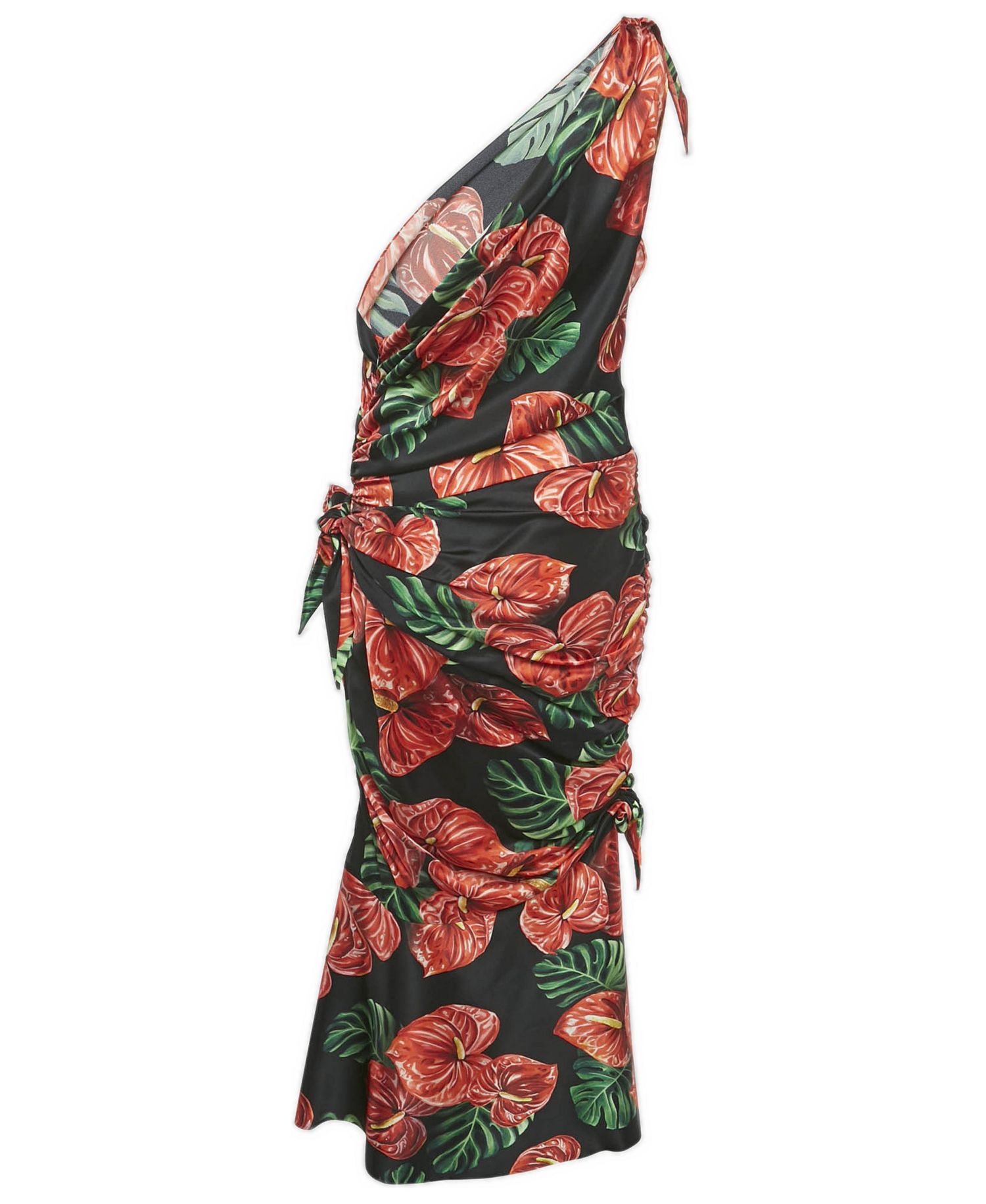 Women's Pre-Owned Dolce and Gabbana Black Printed Satin Silk One-Shoulder Tie-Up Detail Midi Dress