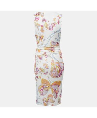 Women's White Printed Jersey Draped Sleeveless Midi Dress