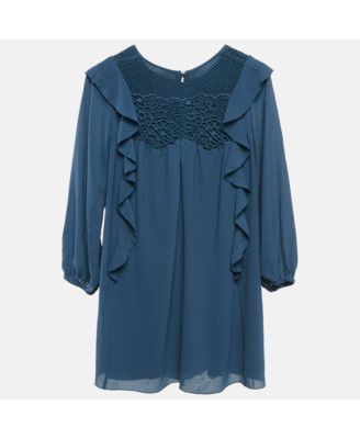 Women's Blue Crepe Ruffled Lace Overlay Detail Dress