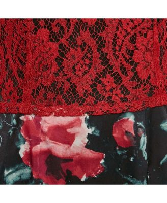 Women's Red/black Lace And Floral Print Crepe Mini Dress