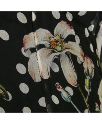 Women's Black Printed Silk Ruffled Asymmetric Long Dress