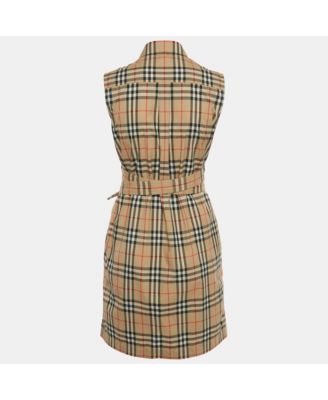 Women's Beige Vintage Check Print Cotton Wrap Around Mini Dress
