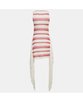 Women's White/pink Open Striped Knit Fringe Detail Dress