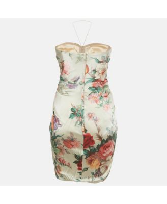 Women's Beige Floral Print Silk Bow Detail Strapless Mini Dress