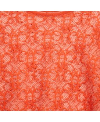 Women's Orange Monogram Patterned Sheer Knit Long Sleeve Top