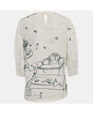 Women's Off White Bird Cage Print Silk Blouse