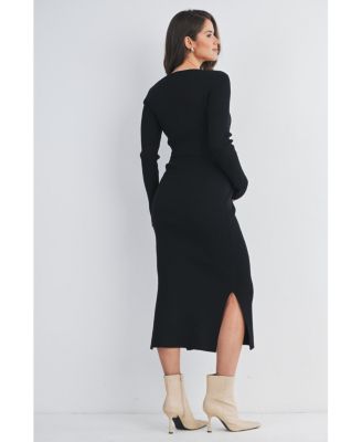 Maternity Ribbed Button Down Waist Tie Midi Nursing Dress - Black - Large