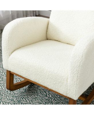 Beige Linen Rocking Recliner Chair – Modern Home Furniture with Wood Legs, Side Pocket & High Back