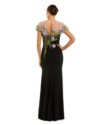 Women's Jersey Floral Embroidered Illusion Neck Gown