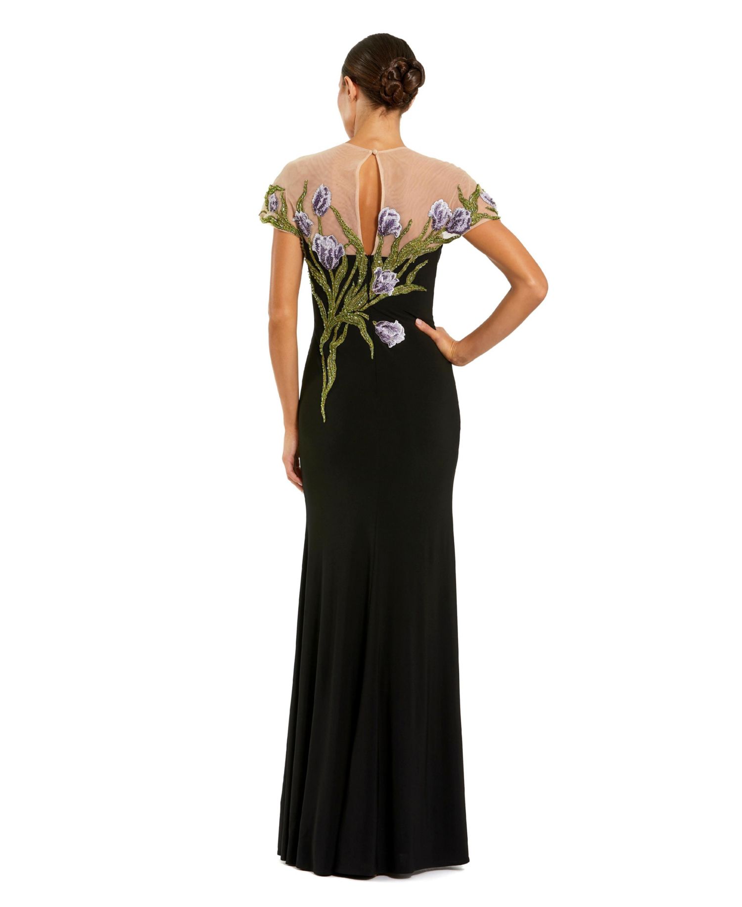 Women's Jersey Floral Embroidered Illusion Neck Gown