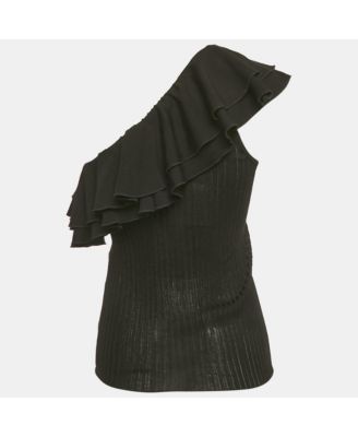 Women's Black Rib Knit Ruffled One Shoulder Top