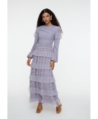 Women's Modest Ruffle Dress Maxi With Abstract Print
