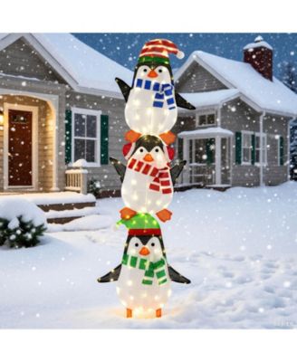 Lighted Penguins Decoration Set of 3 with 156 Warm White Lights Cute Hats & Scarves