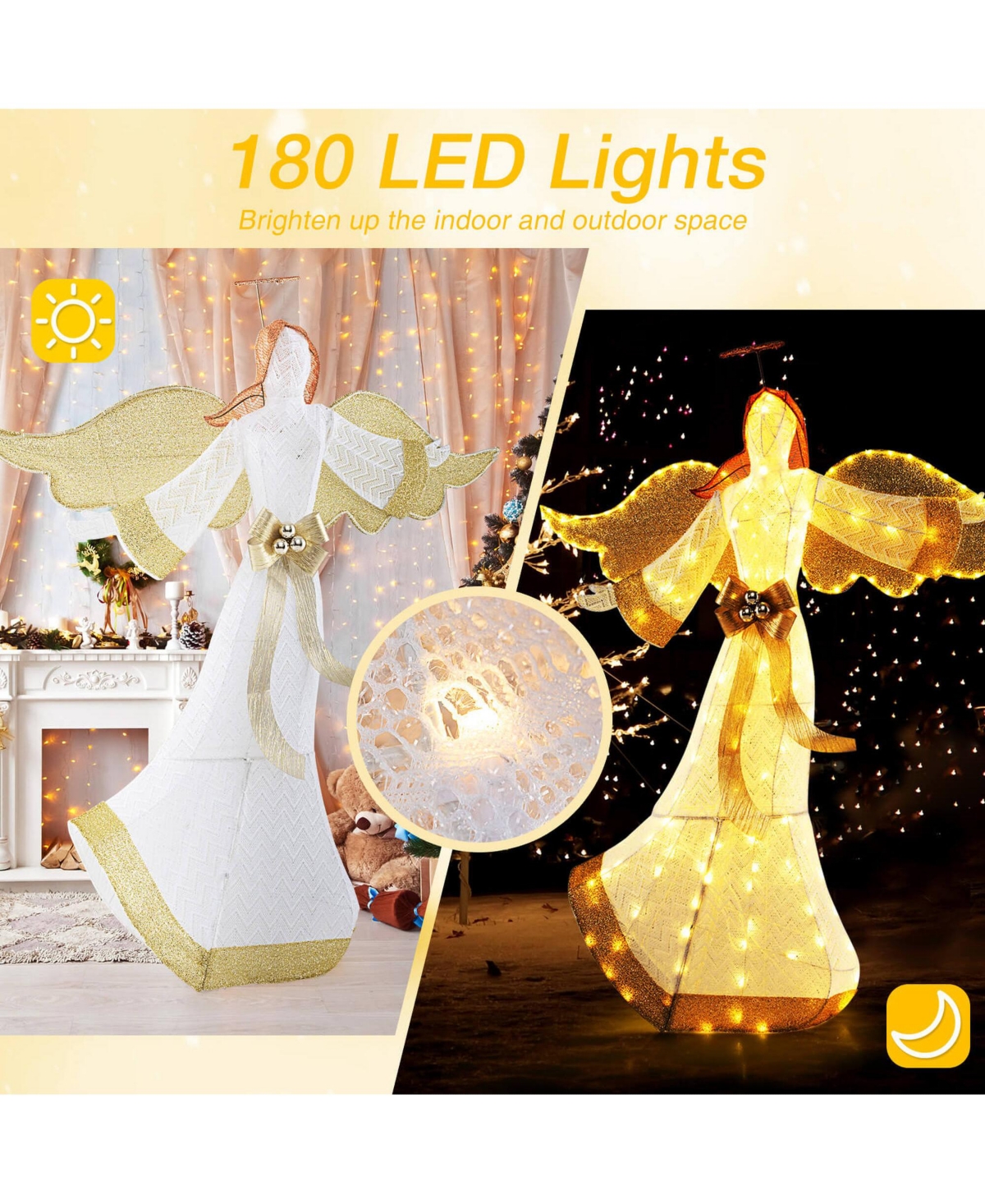 Costway 5.2 Ft Lighted Angel with Halo & Bow Zip Ties & Ground Stakes 180 Led Lights