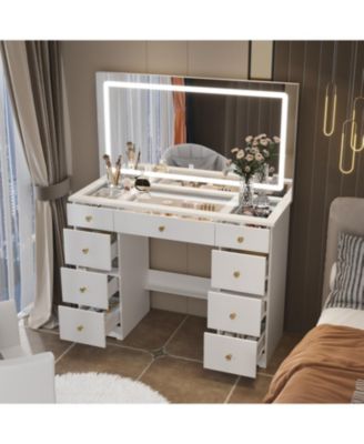 9-Drawer Vanity with 3 Color LED Mirror, Tempered Glass Countertop,Crystal Handle, Makeup Table,Chest