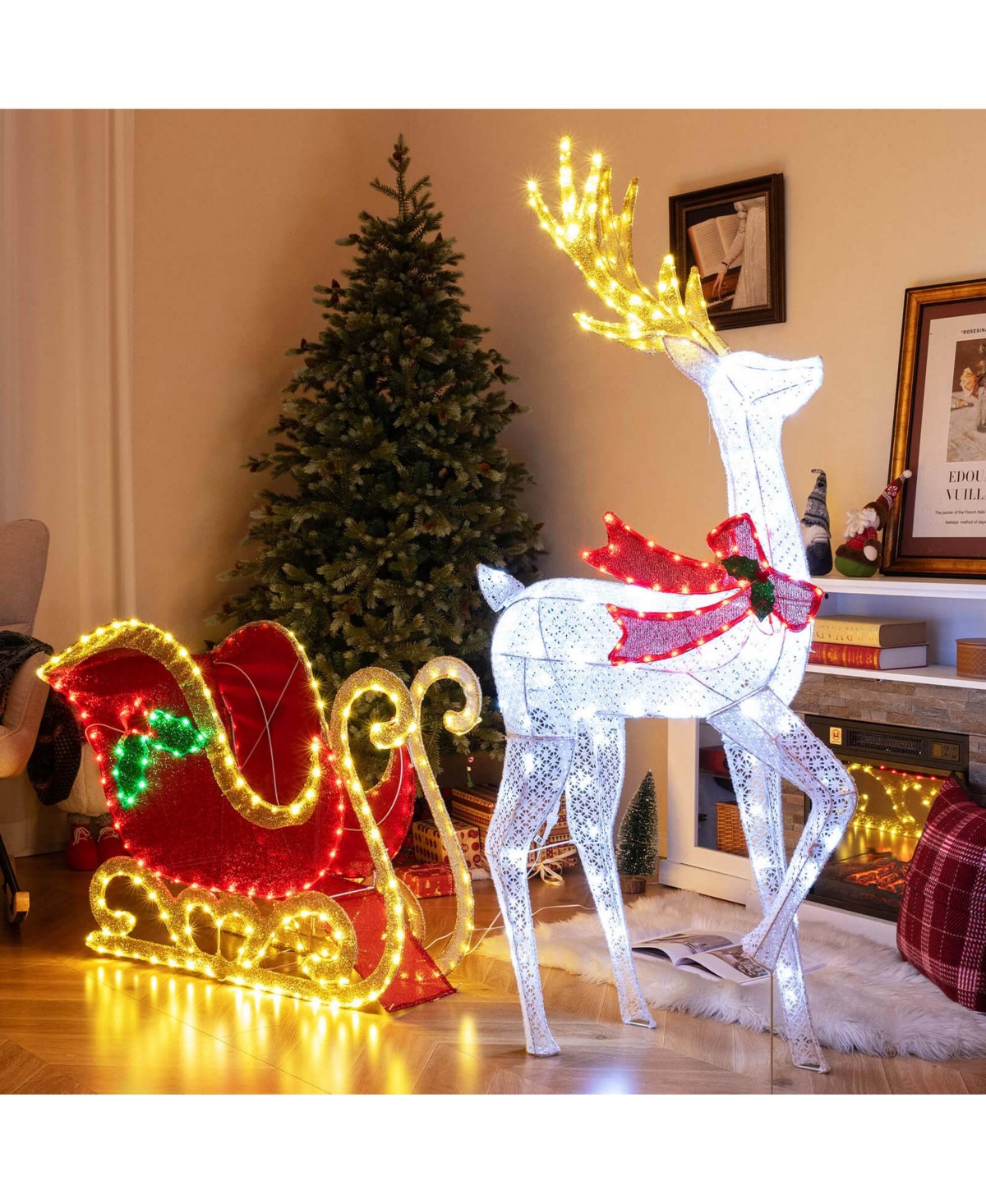 Lighted Christmas Reindeer & Sleigh Set Light-up Xmas Decorations with 462 Led Lights