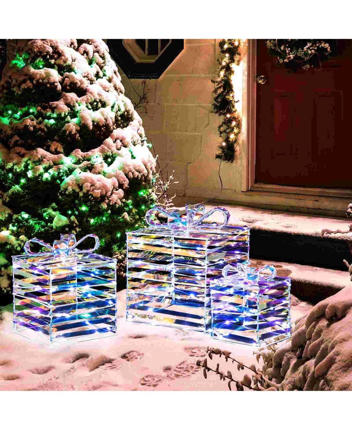 Costway 3 Pcs Christmas Lighted Gift Boxes Pre-lit 90 Led Light Up Present Box Decorations