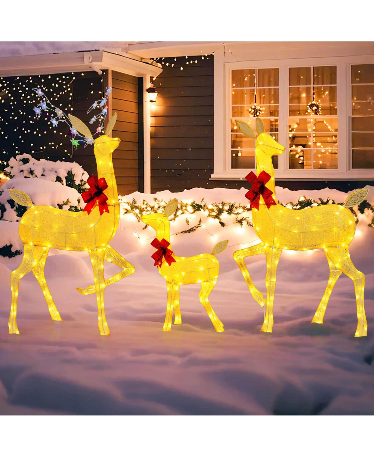 3 Pcs Lighted Family Deer Set with Led Lights Rgb Flashing Lights 12 Ground Stakes